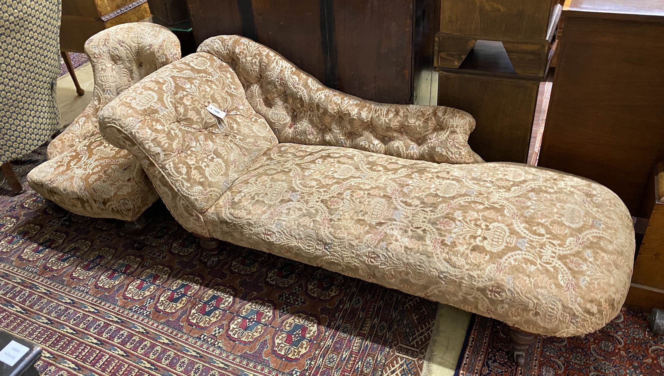 A Victorian upholstered chaise longue, length 170cm, height 66cm together with a Victorian spoon back nursing chair